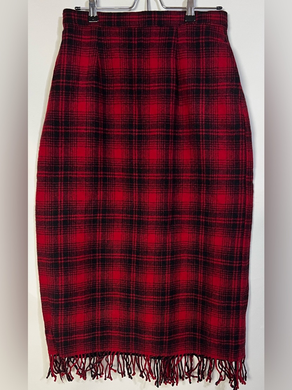 Woolrich Red and Black Plaid Fringe Pencil Skirt